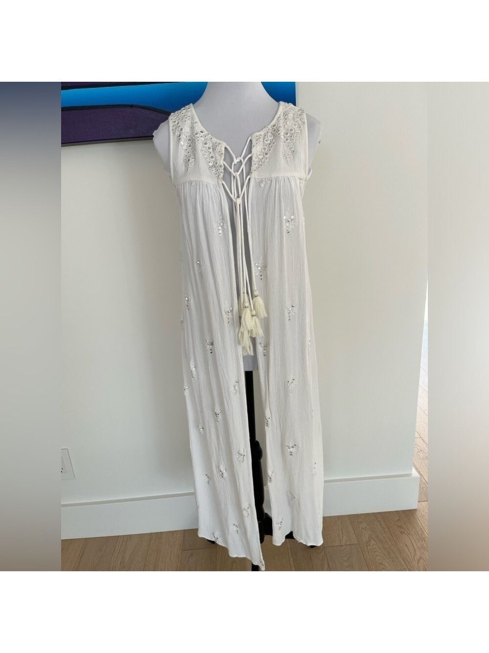 MINKAS Sleeveless Swimsuit Coverup Tassel Tie Front Silver Embellishment Duster